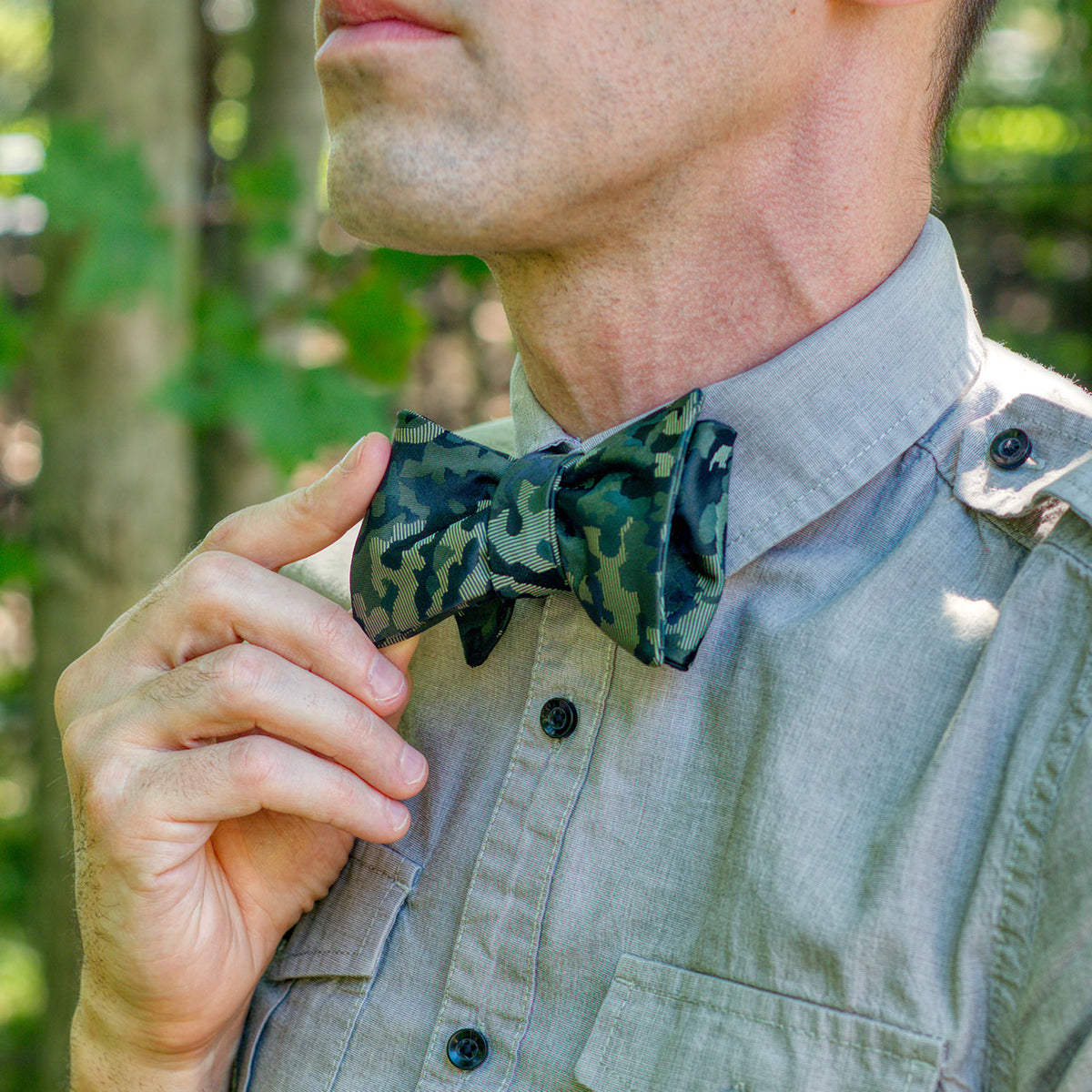 Camouflage bow tie out fit with gray button-down shirt