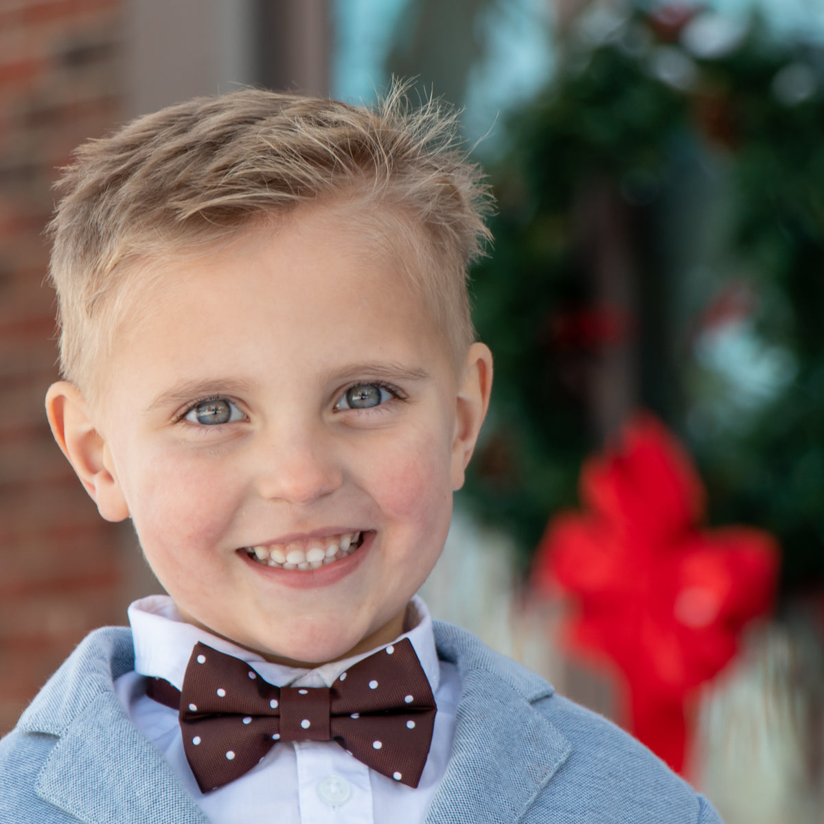 Christmas photo of a bow wearing a brown and white polka dot bow tie