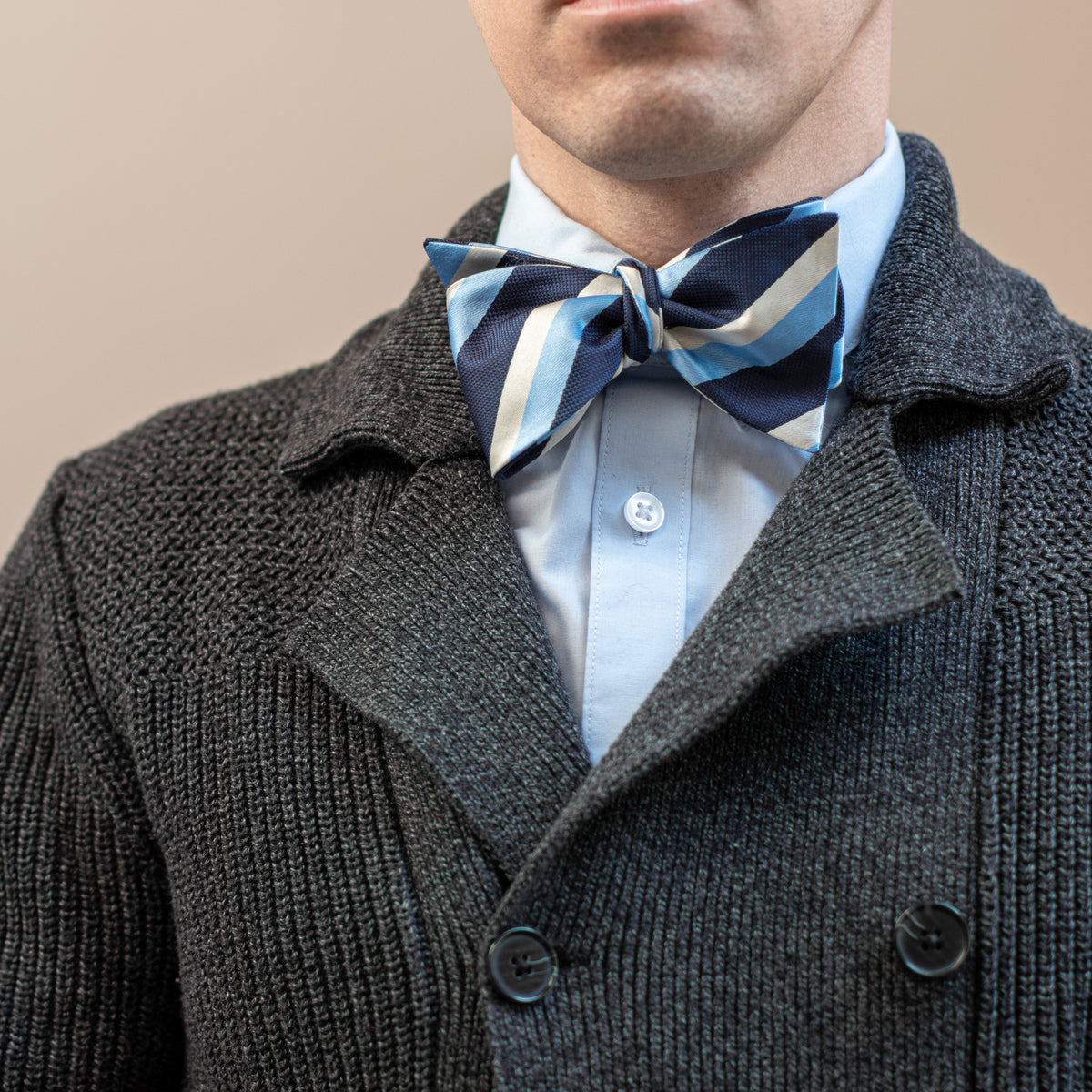 Blue and silver striped bow tie worn with gray knit sweater