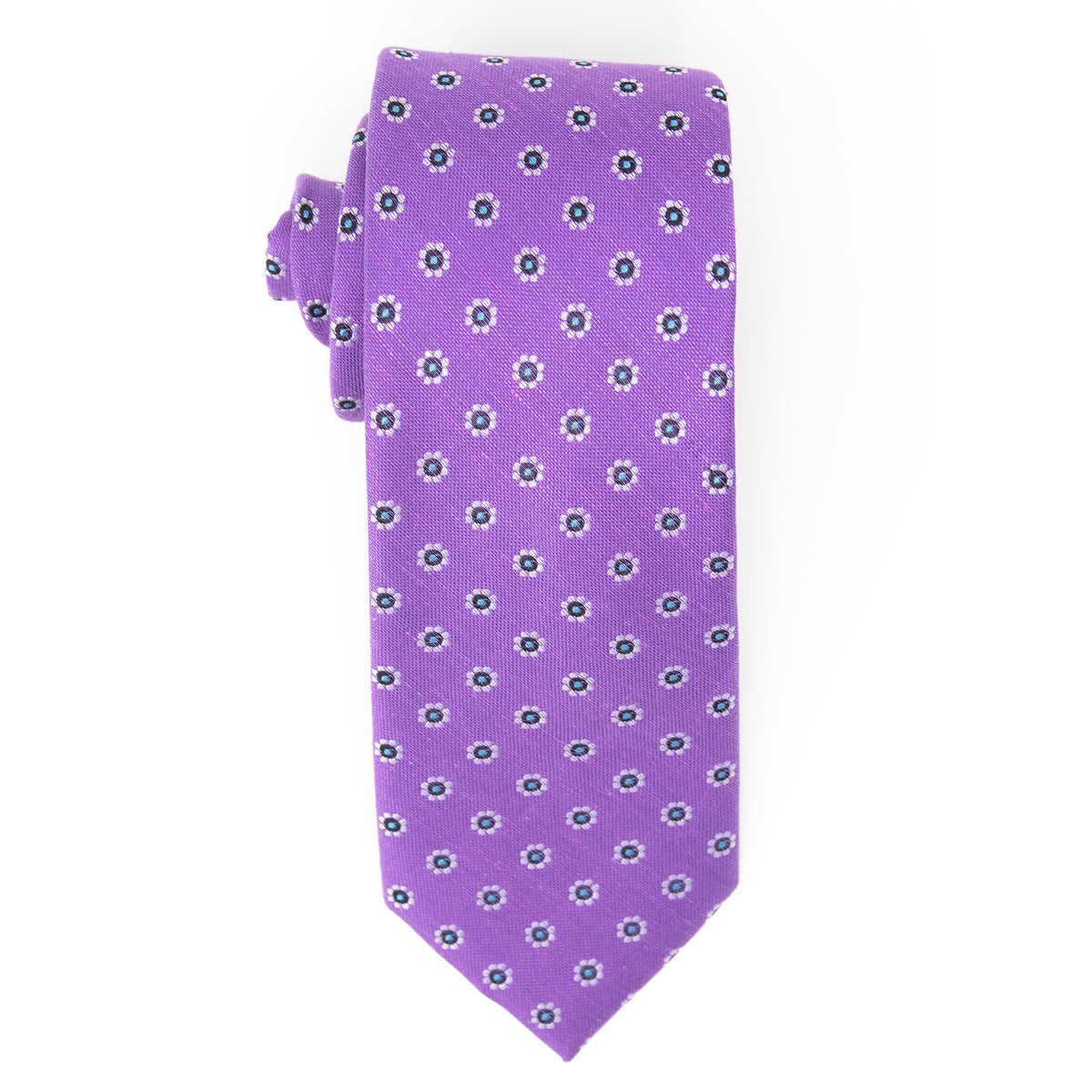 Purple silk &amp; linen necktie with white flowers - top view