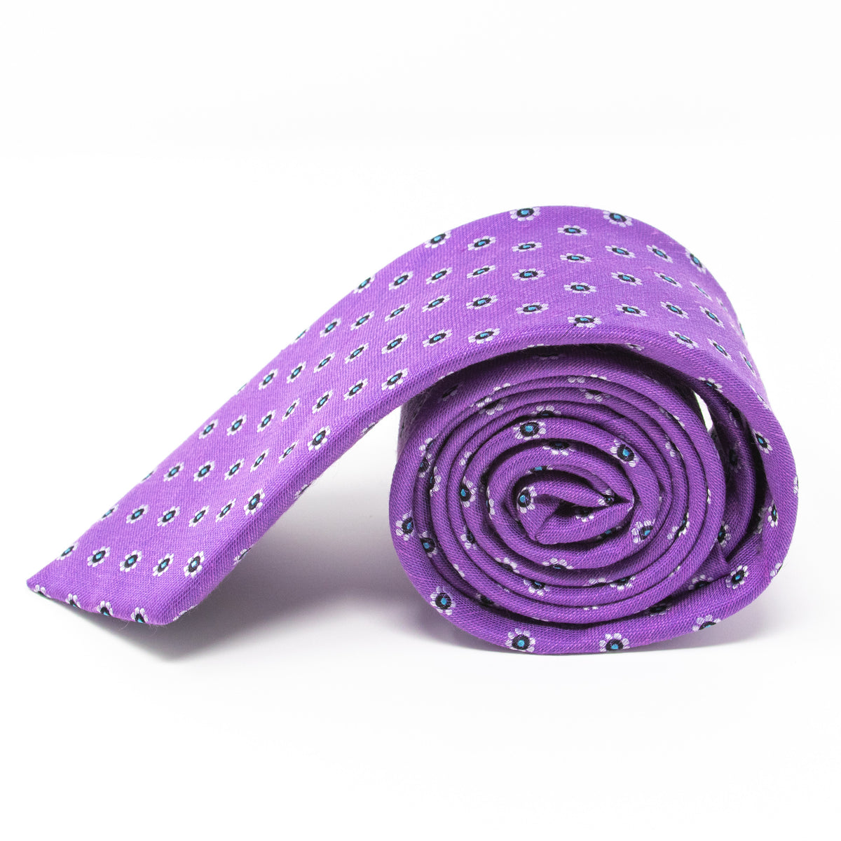 Purple silk &amp; linen necktie with white flowers - side view