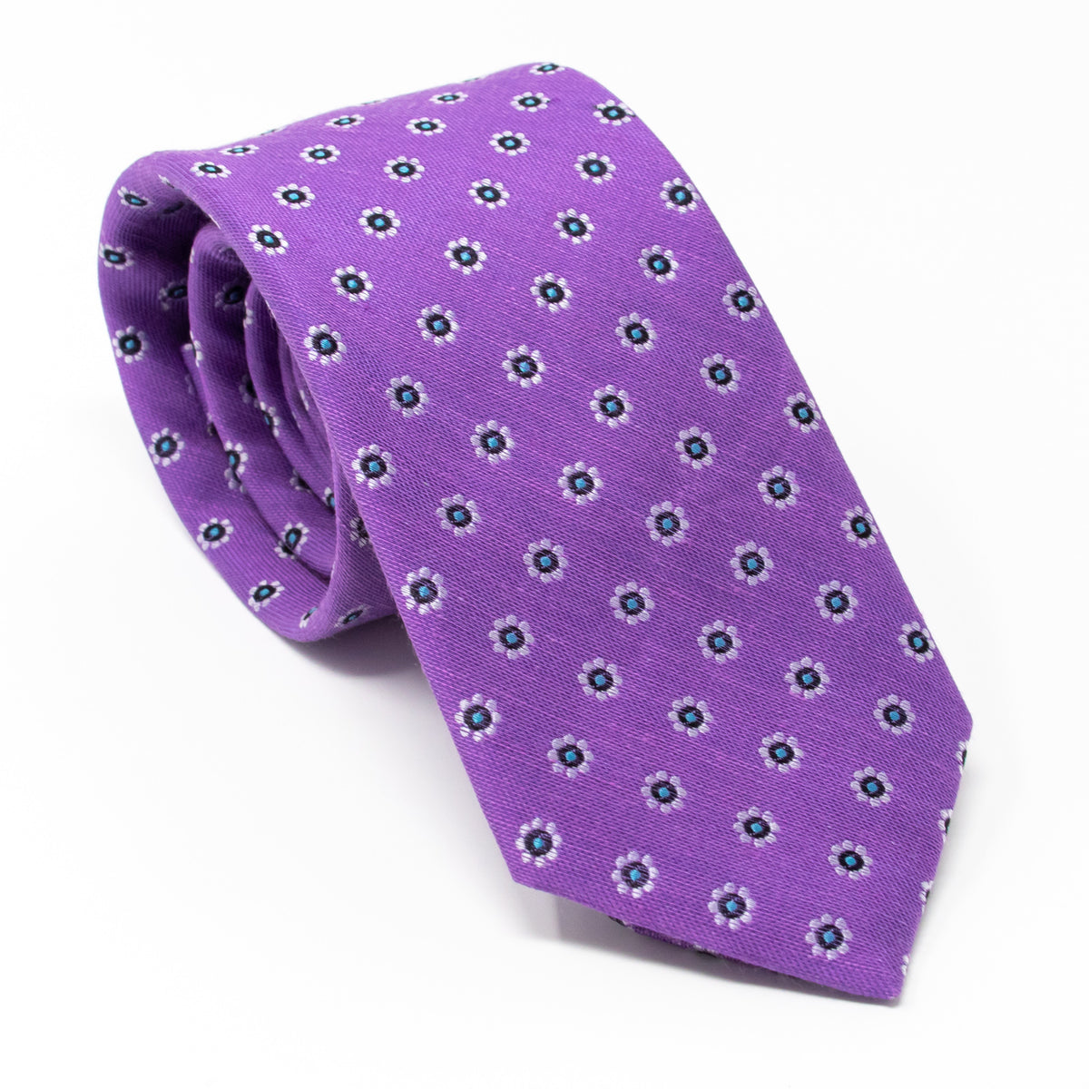Purple silk &amp; linen necktie with white flowers - angle view