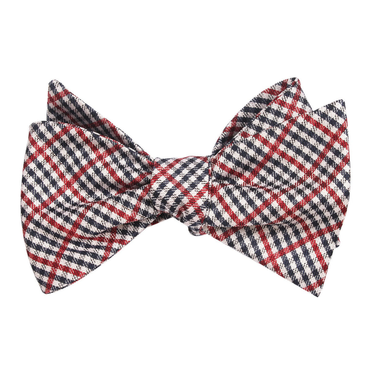 Red white and blue plaid bow tie, tied view