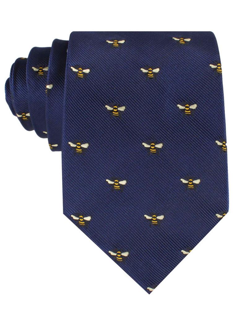 Navy neck tie with bees - front view