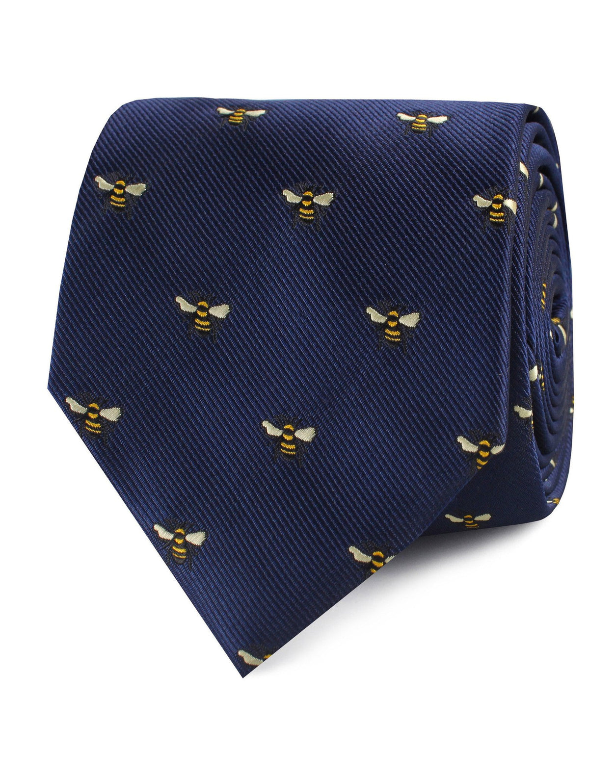 navy necktie with bees - rolled view