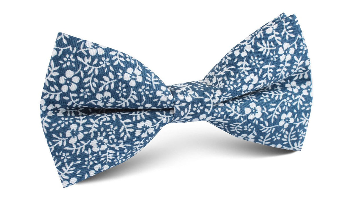Blue and white orchid floral pre-tied bow tie, front view