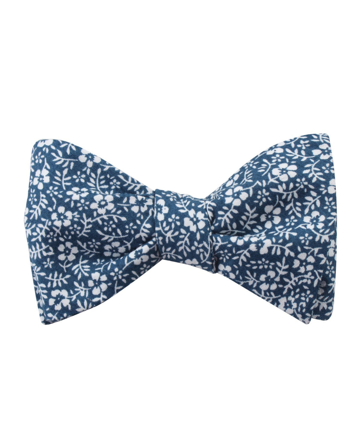 blue orchid floral self-tie bow tie, tied view