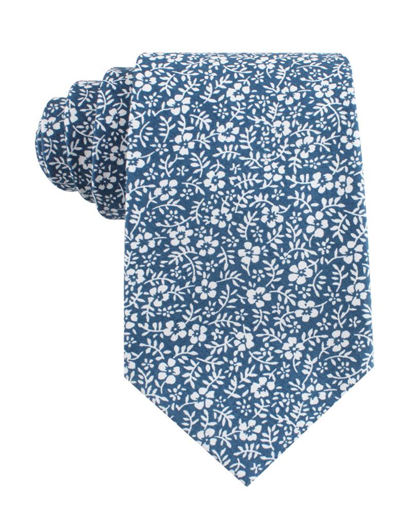 Blue and white floral neck tie, front view