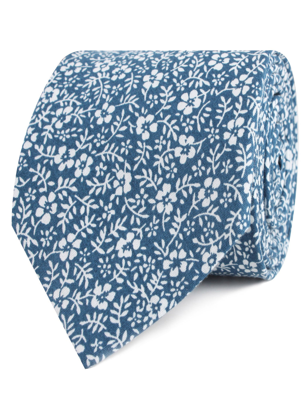 Blue and white floral neck tie, rolled view