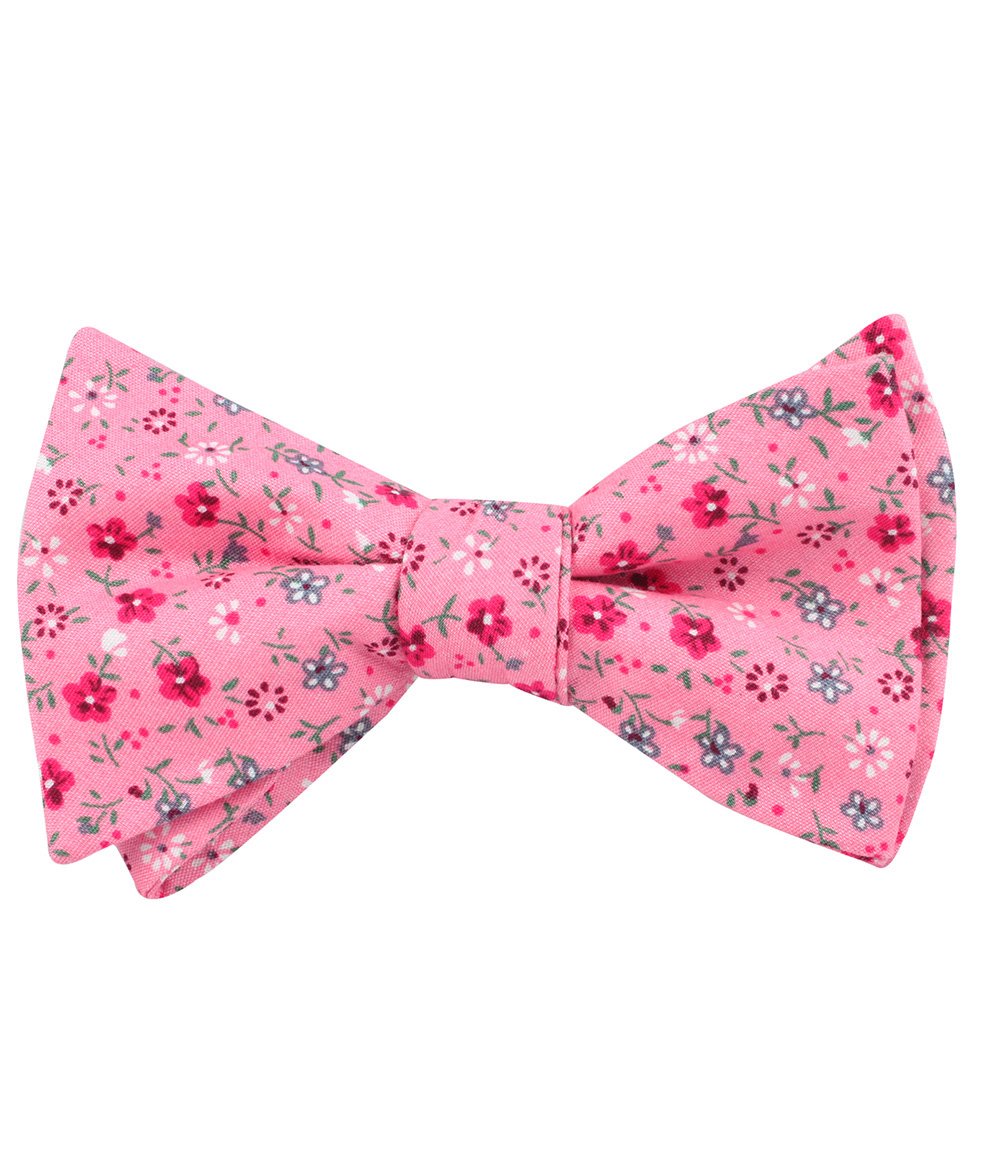 Pink Floral Bow Tie with Red Flowers, Tied View