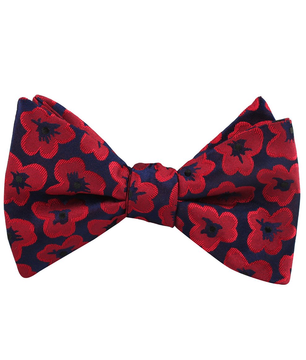 red poppy floral bow tie, tied view