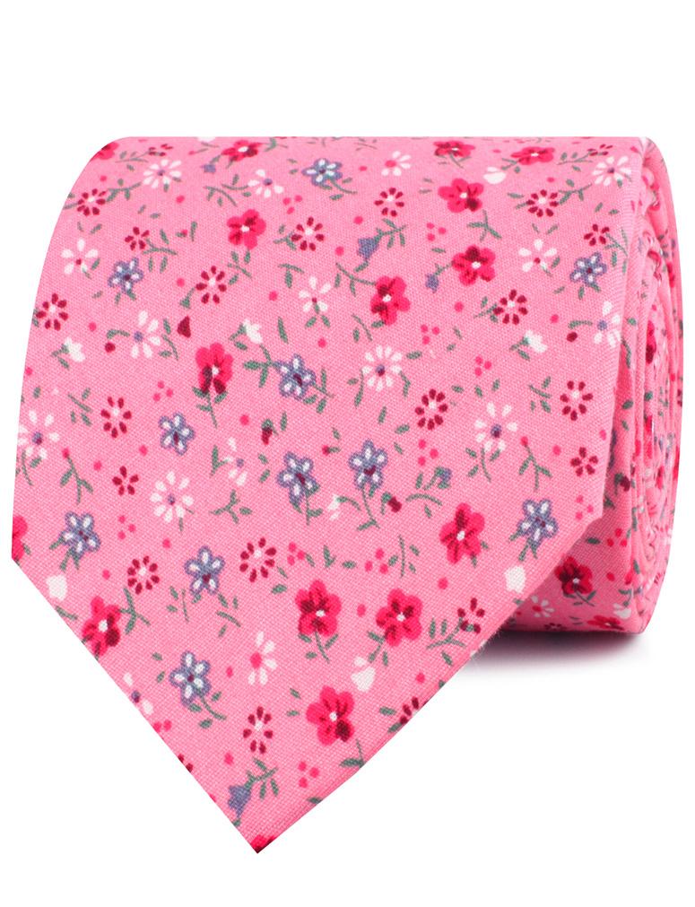 Pink Floral Necktie with Red Flowers, Rolled View