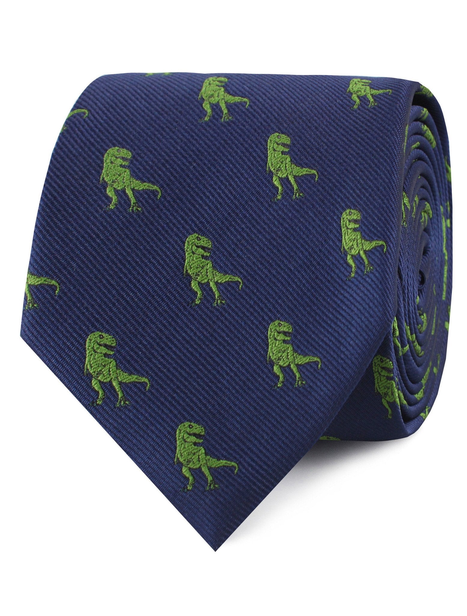 thumbnail interactive-video image 1 of Frederick Thomas Men's Designer Tie – Navy Blue With Embroidered Dinosaur Print, Classic Length 1 of 4